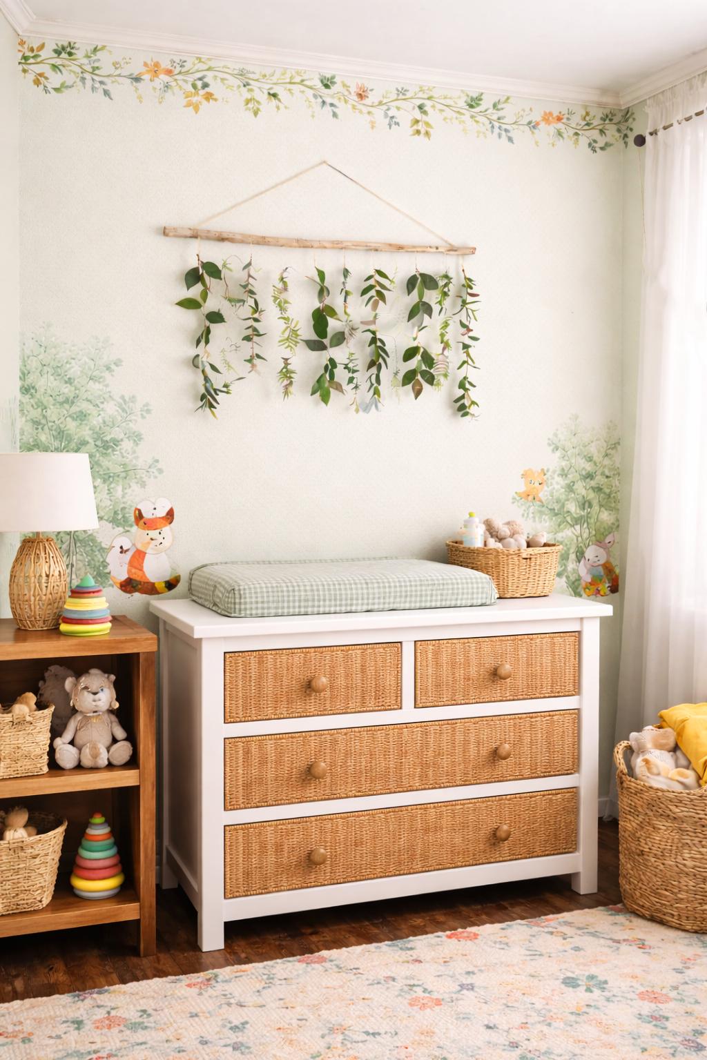 Nursery room with a changing table, shelves, and handmade decorative wall hanging.