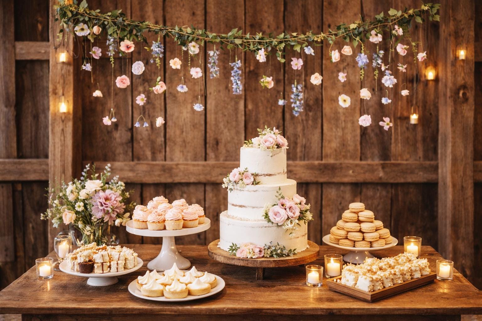 Wedding cake with pastel floral backdrop on a wooden table against a rustic wooden wall with hanging flowers and lights.
