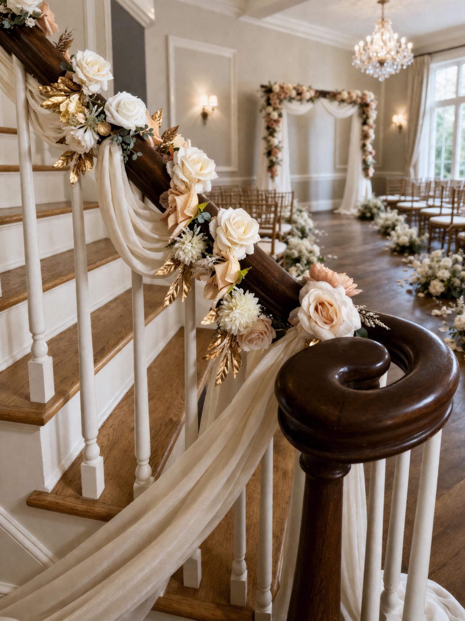 Artificial champagne and ivory flower garland draped along a staircase with flowing fabric, creating elegant décor for weddings, bridal showers, anniversaries, and special celebrations.