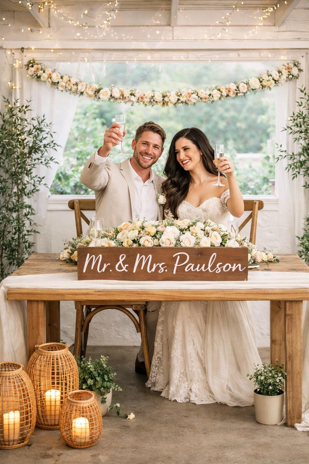 Couple at a wedding reception with a decorated table and 'Mr. & Mrs. Paulson' sign. Champagne and ivory flower garland behind them to frame the scene.