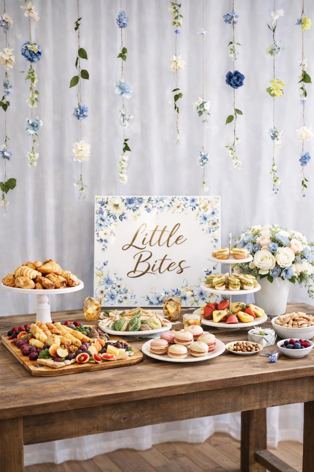 Table with food platters and a decorative sign reading 'Little Bites' against a floral curtain background.