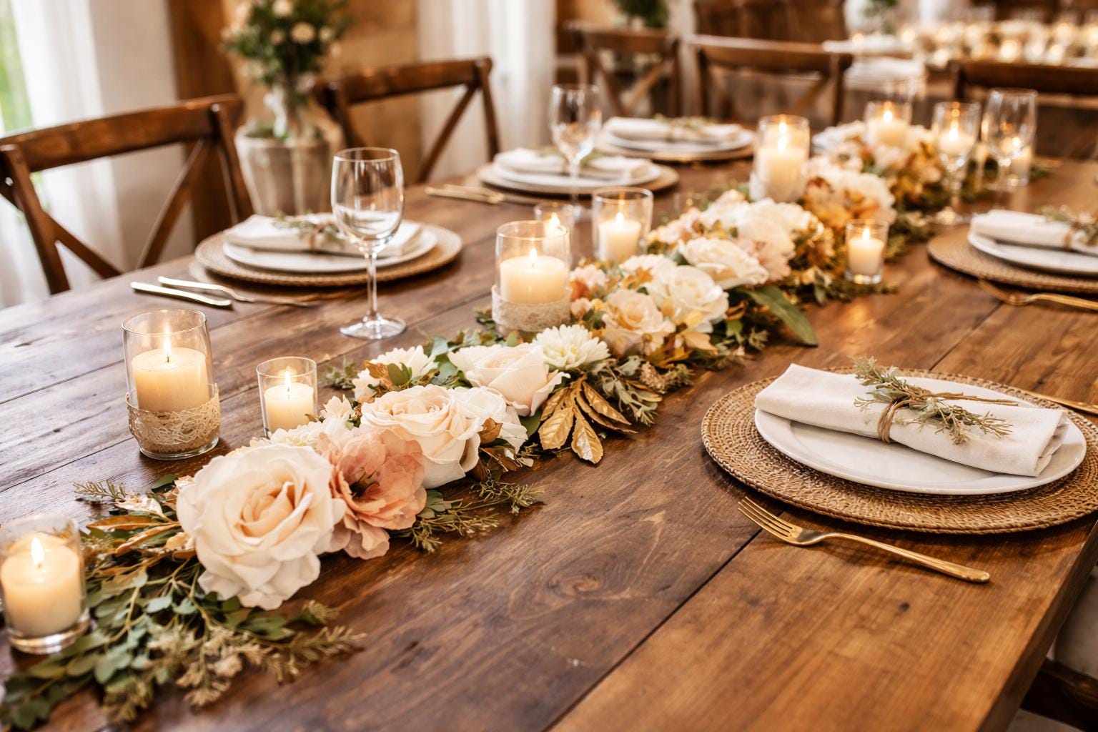 Decorative table setting with candles and flowers on a wooden table.