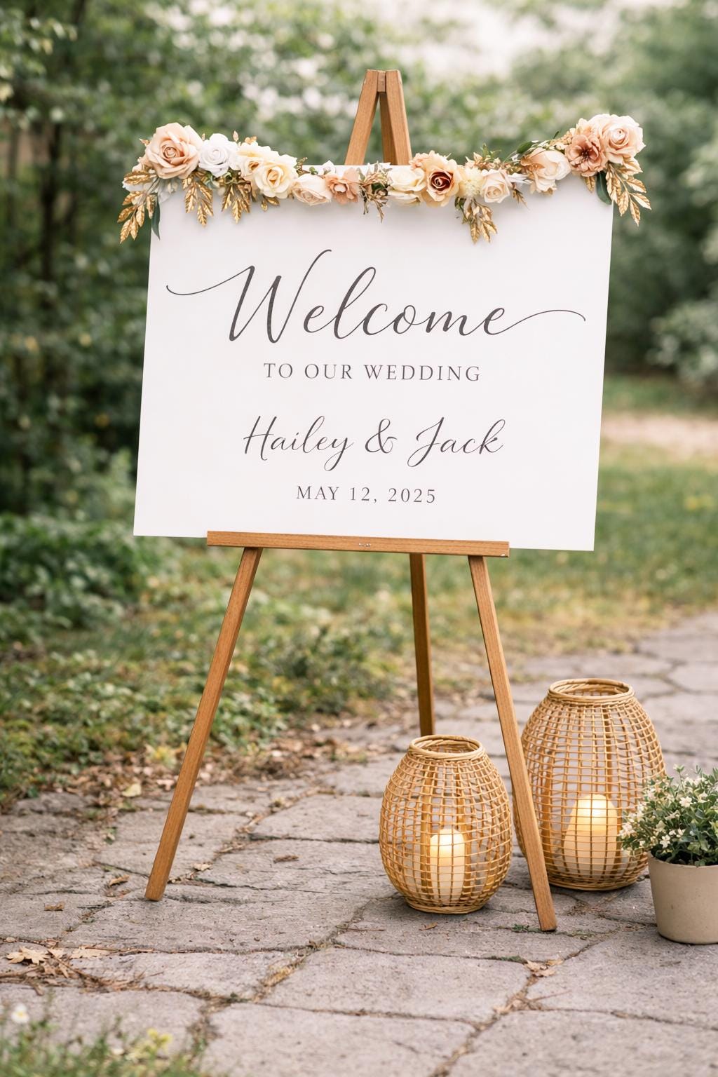 Wedding welcome sign on an easel with floral decorations and lanterns outdoors.