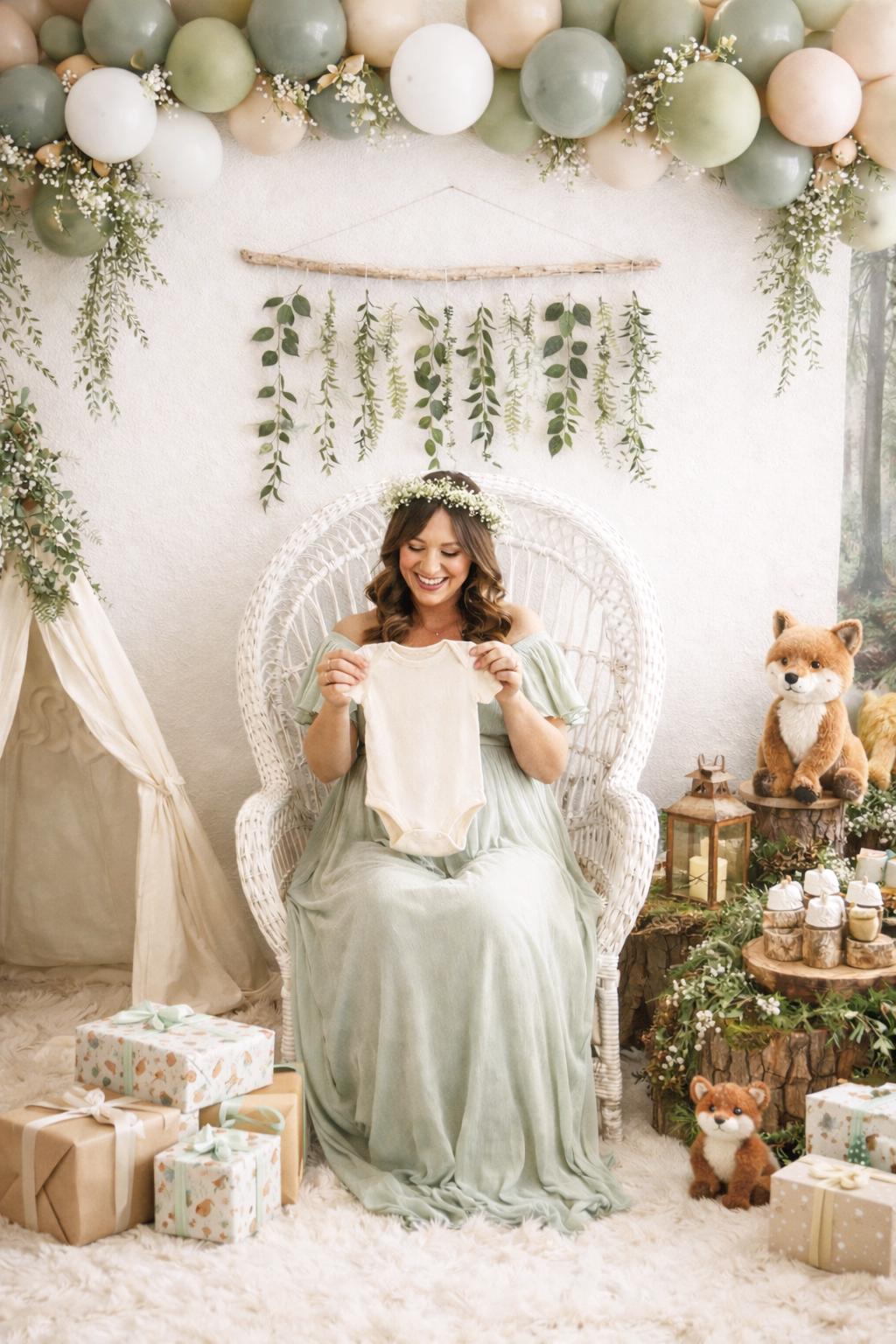 Mom to be in a light green dress holding a baby outfit in a decorated room with balloons, plants, and gift boxes at her baby shower.