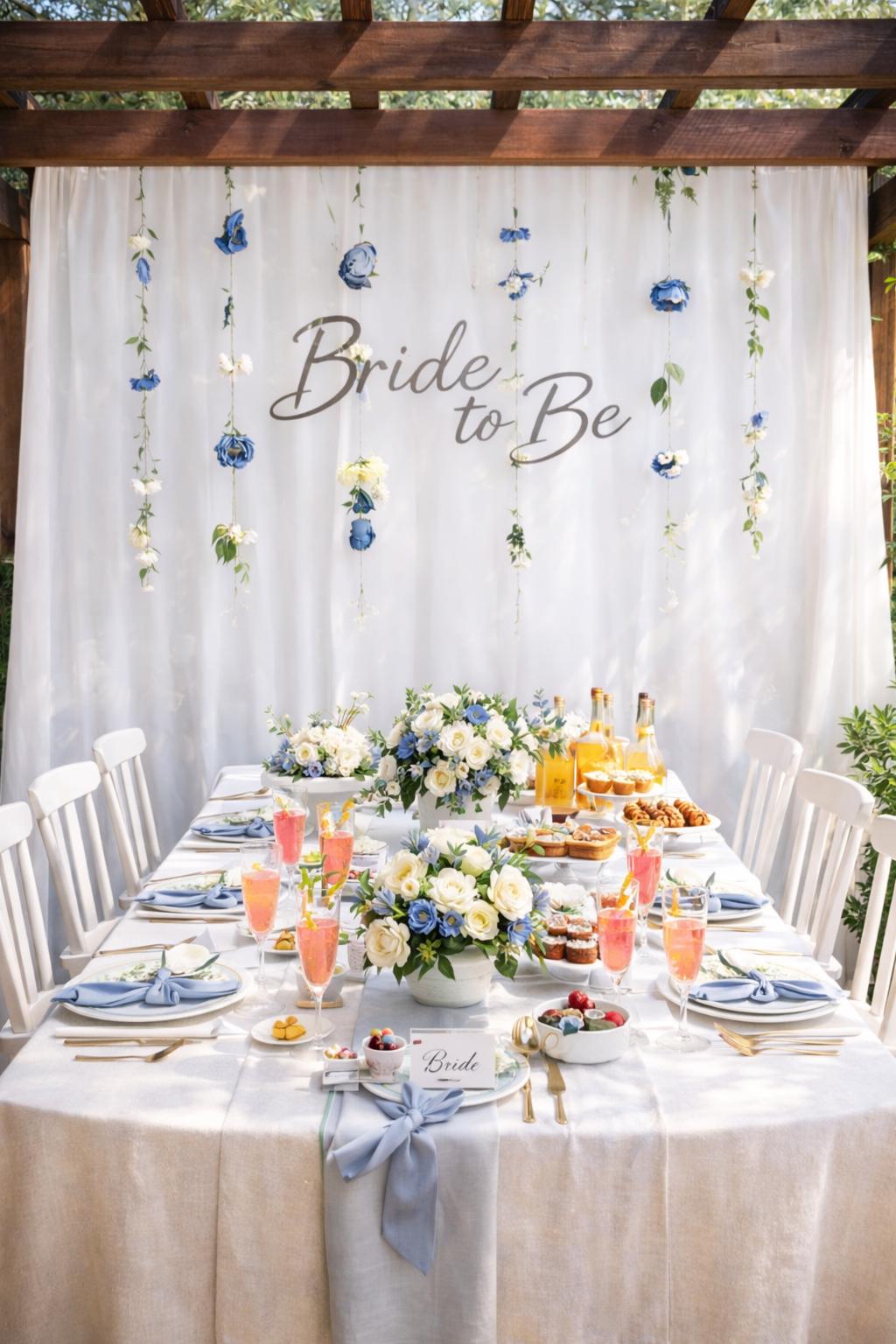 Decorated table for a bridal shower with flowers and 'Bride to Be' sign.