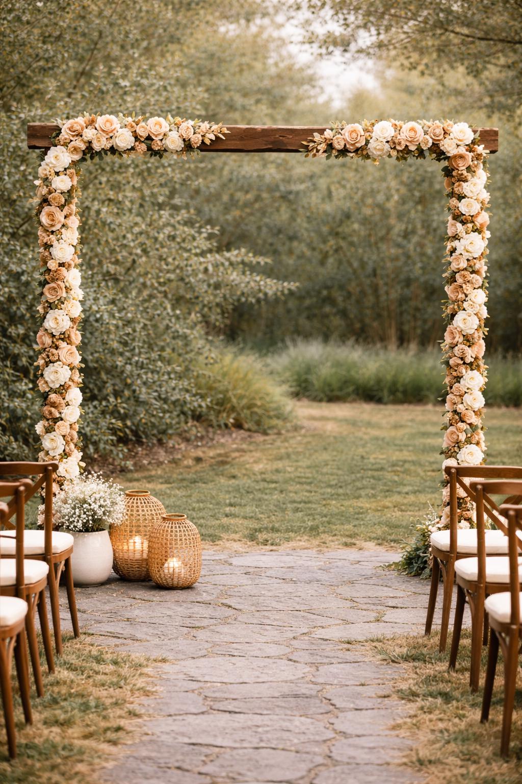 Decorative wedding arch with flowers and chairs on a stone path in a garden setting