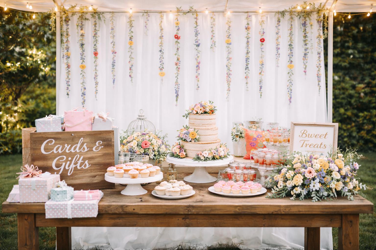 Decorative outdoor dessert table with cake, flowers, and gift cards.