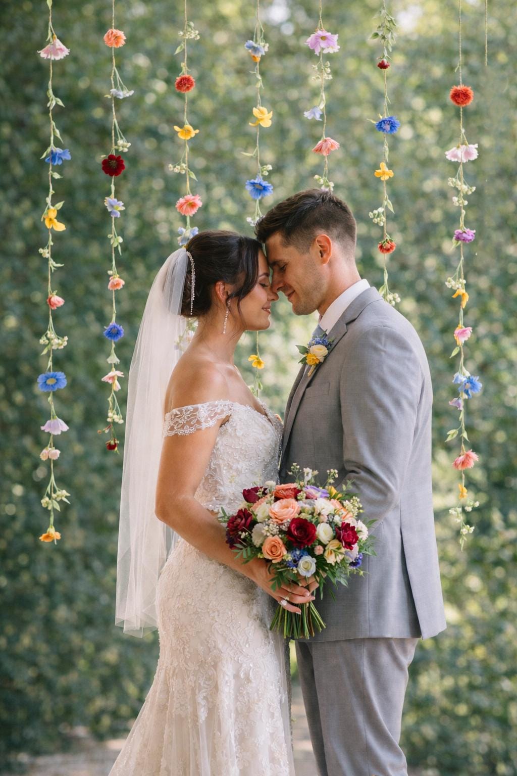 Couple in wedding attire standing in front of hanging floral decorations with a green leafy background.
