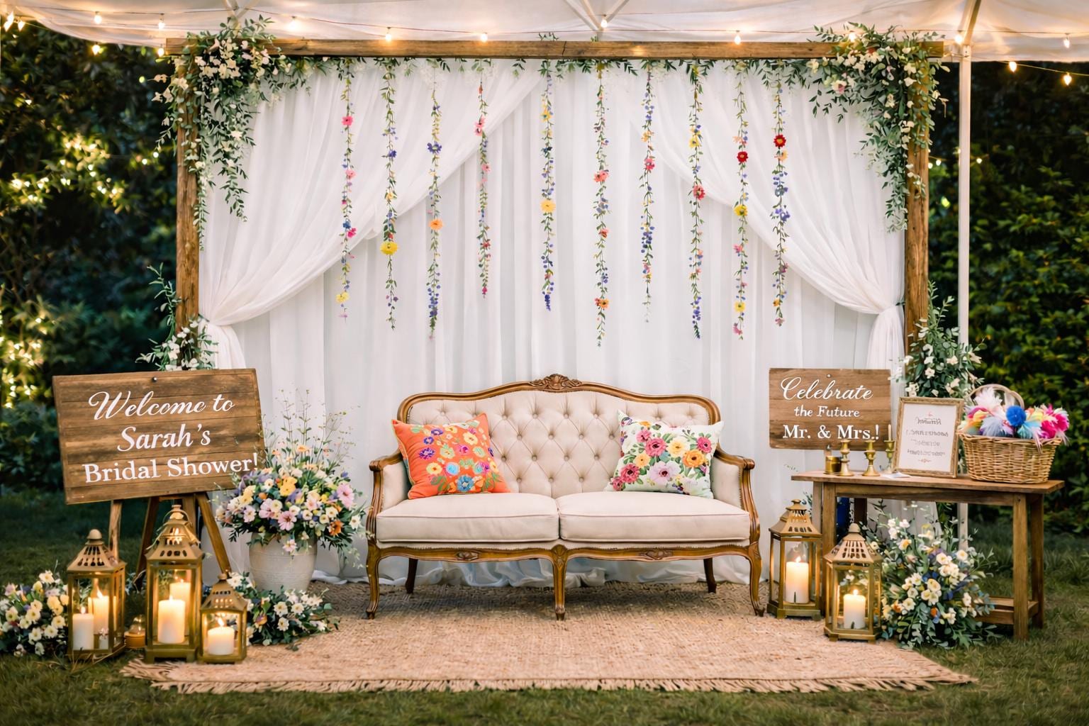 Decorated outdoor setting with a sofa, floral arrangements, and decorative signs.
