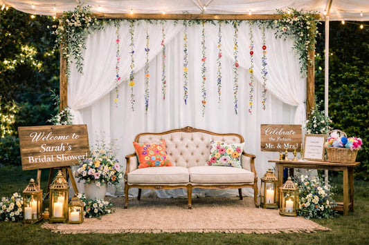 Decorated outdoor setting with a sofa, floral arrangements, and decorative signs.