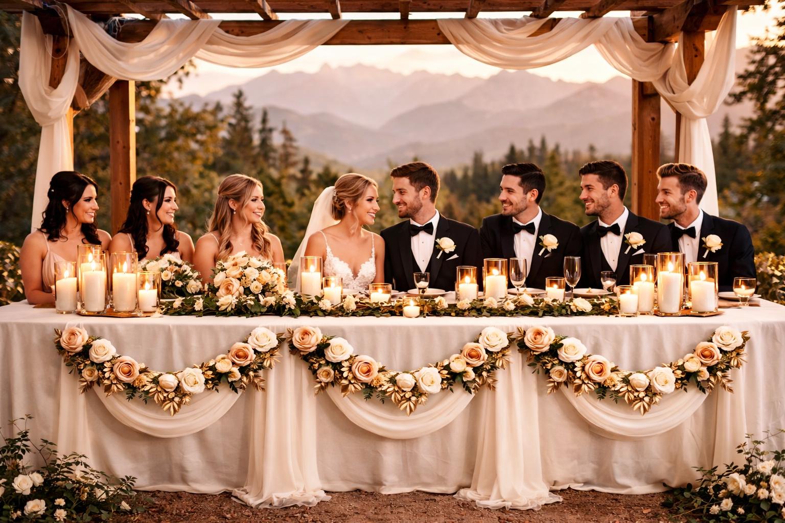 Wedding party seated at a decorated table with floral arrangements and candles, set against a mountainous landscape.