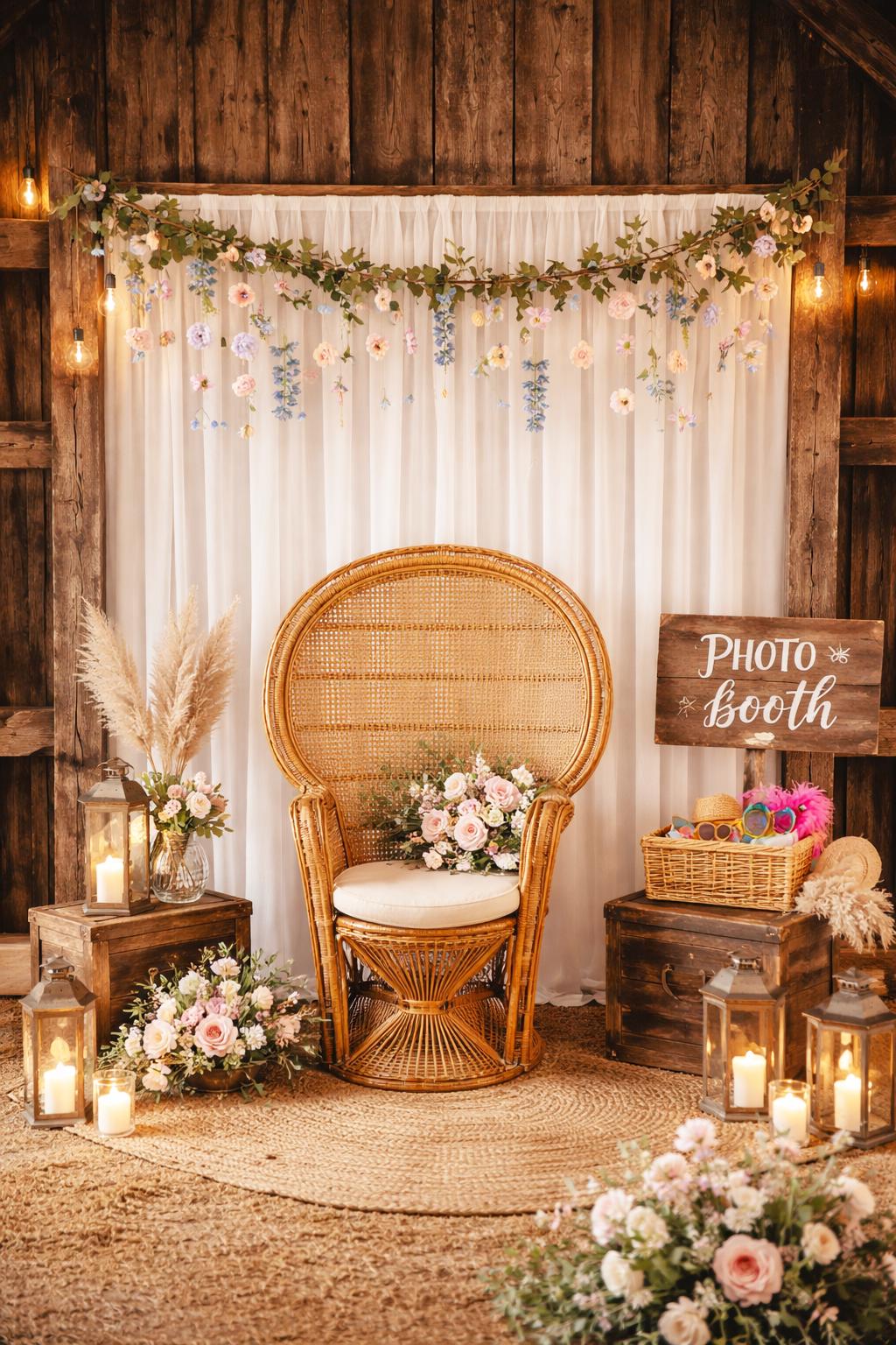 Decorative photo booth setup with a wicker chair, flowers, and lanterns in a rustic setting.