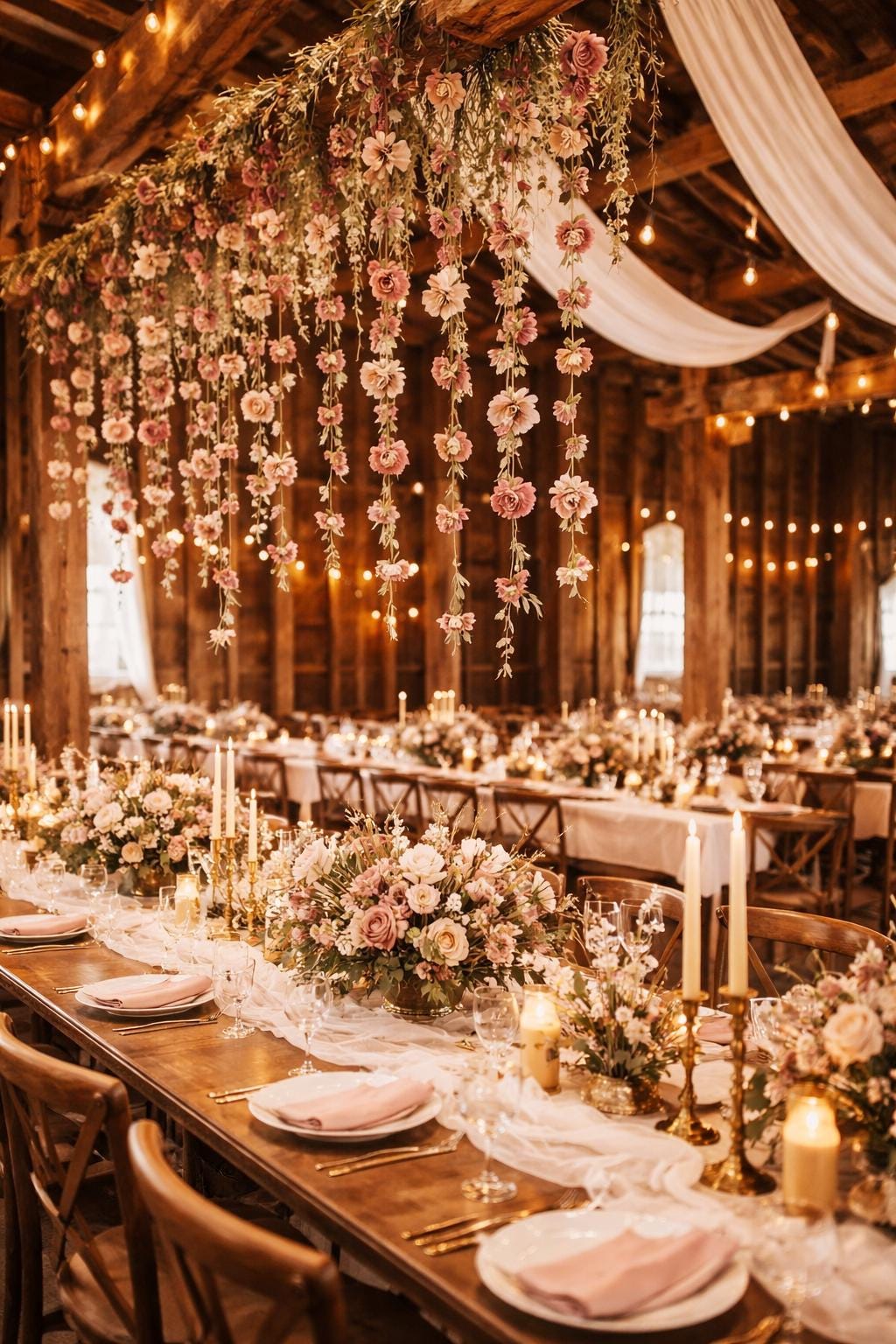 Decorative indoor setting with hanging floral garlands from ceiling and floral arrangements and candles on tables