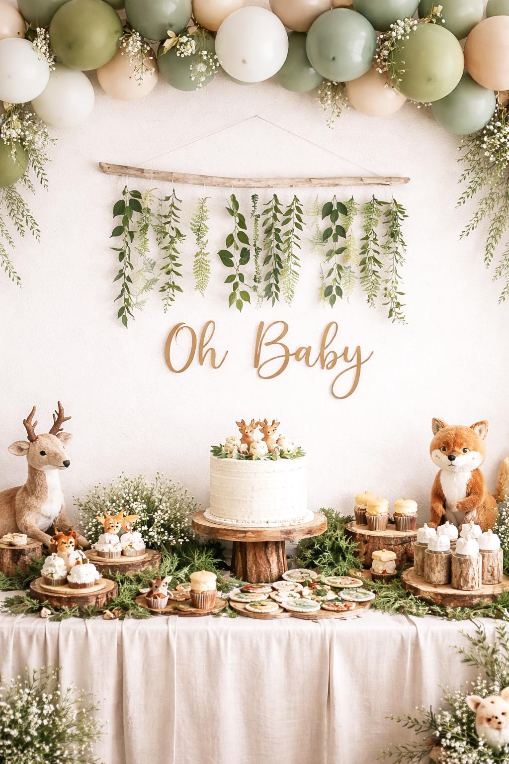 Woodland-themed baby shower setup with cake, balloons, and animal decorations.