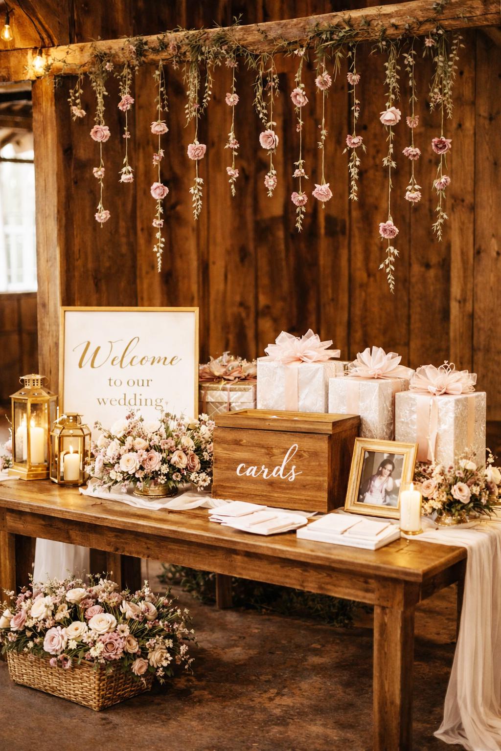 Wedding reception setup with wooden table, floral decorations, and 'Welcome to our wedding' sign.