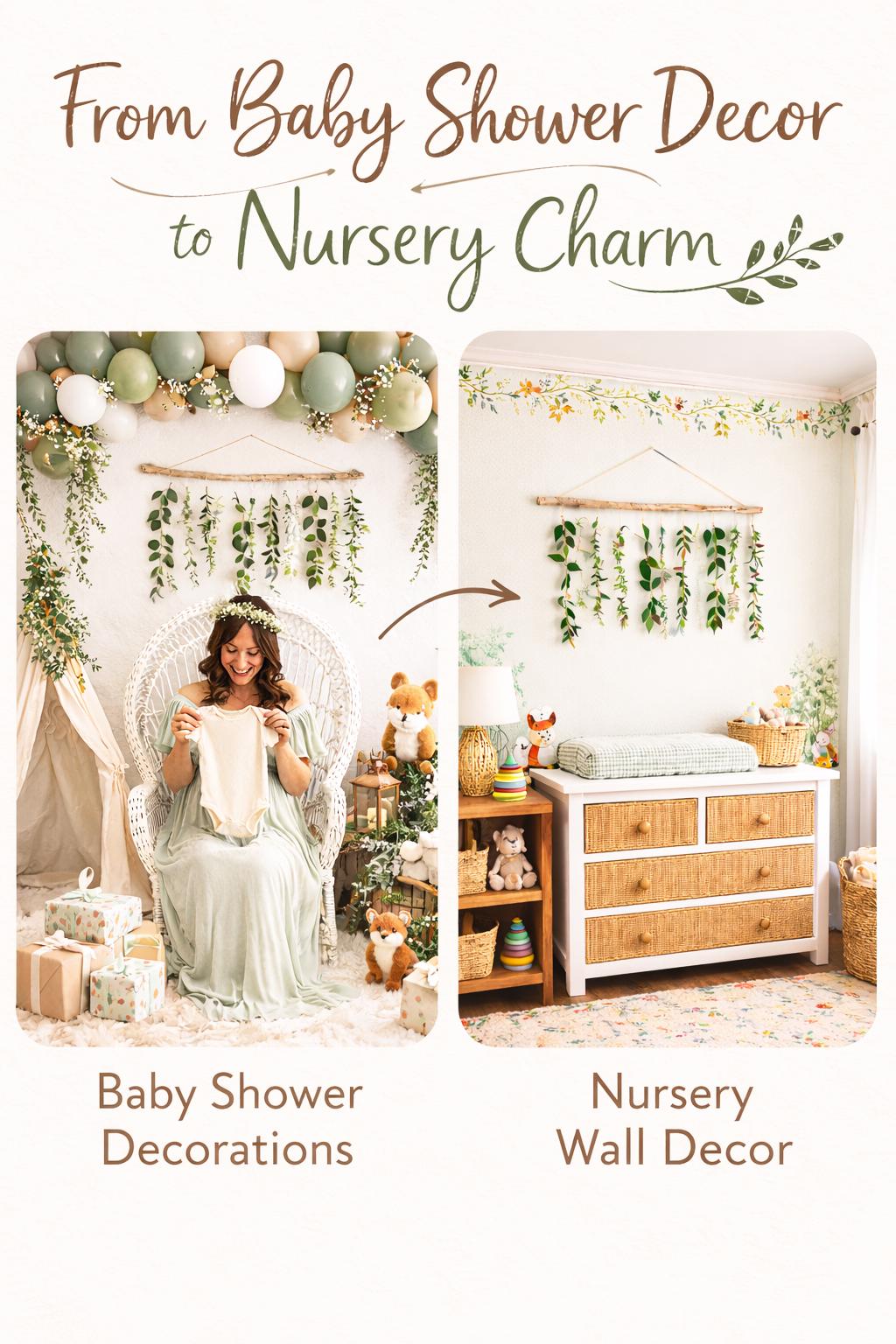 Baby shower decorations and nursery wall decor with a woman in a white dress.