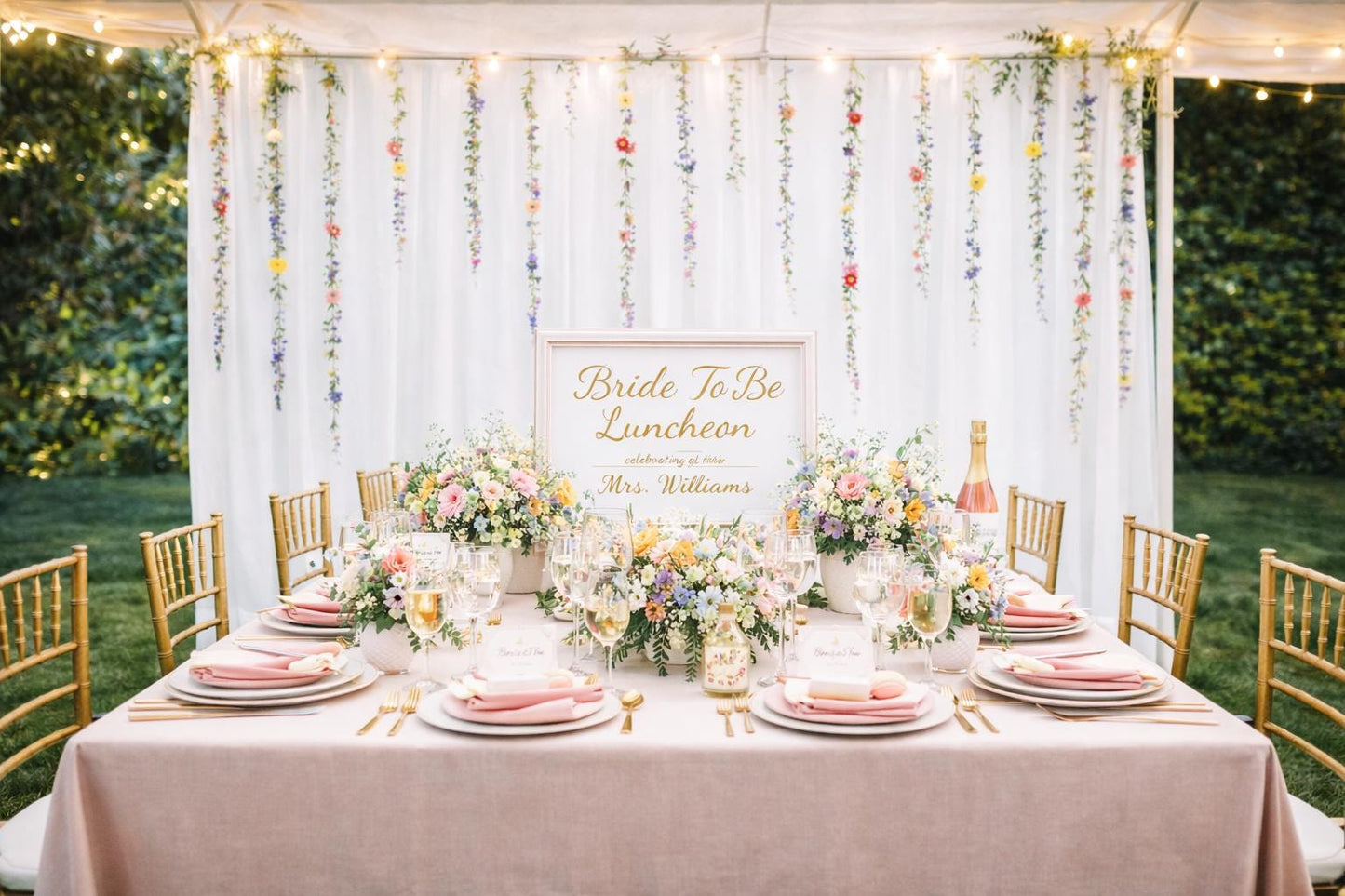 Decorated table for a 'Bride To Be Luncheon' with floral arrangements and a sign in an outdoor setting.