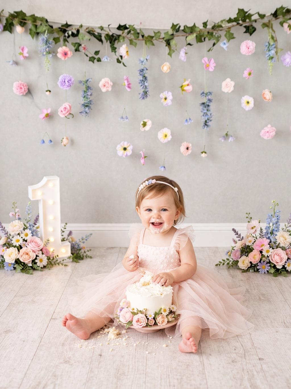 Child in a pink dress sitting on the floor with a small cake, surrounded by floral decorations and a number one candle at cake smash photoshoot.