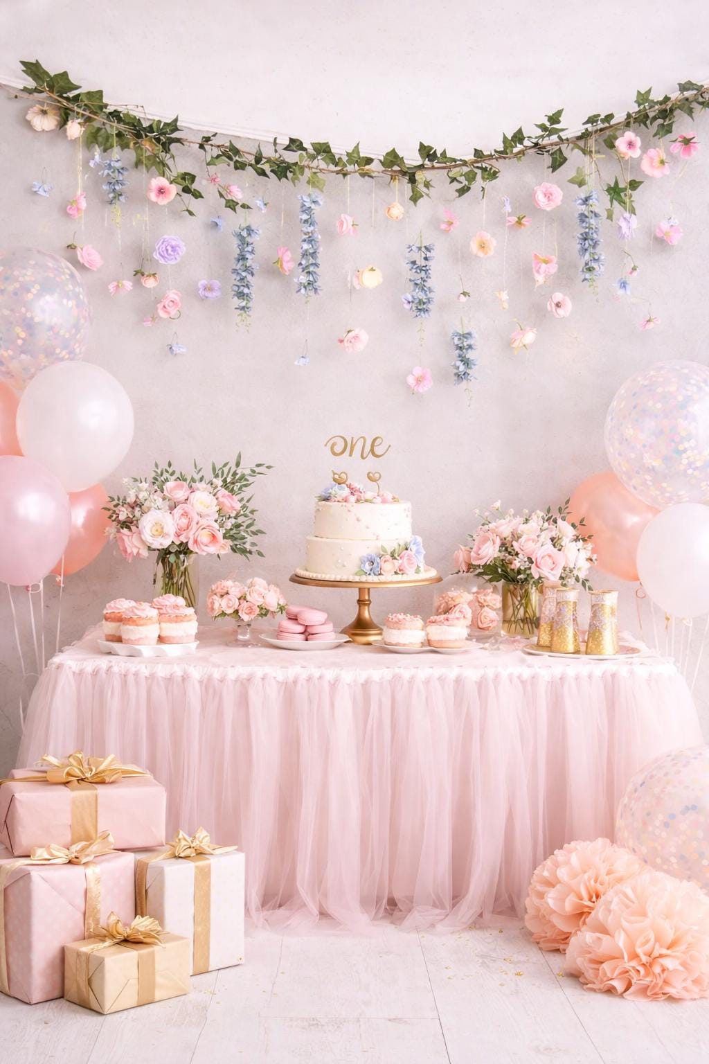 Decorative birthday setup with cake, balloons, and hanging flowers.