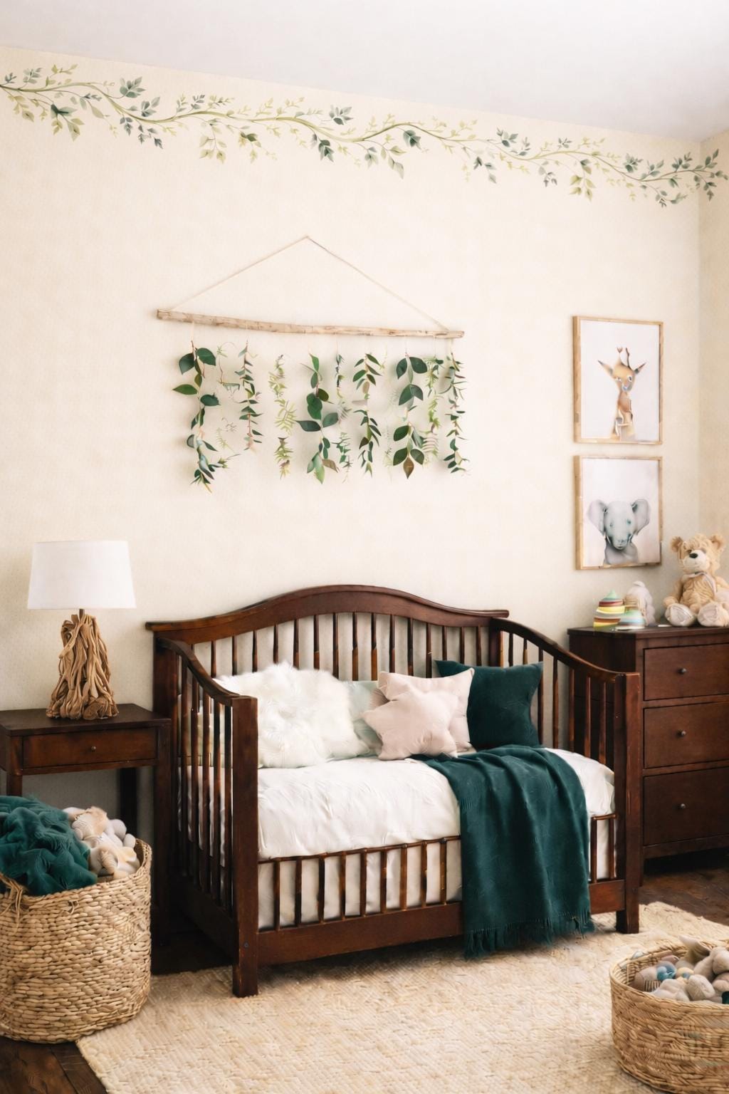 Nursery room with wooden crib, decorative wall art, and soft lighting.
