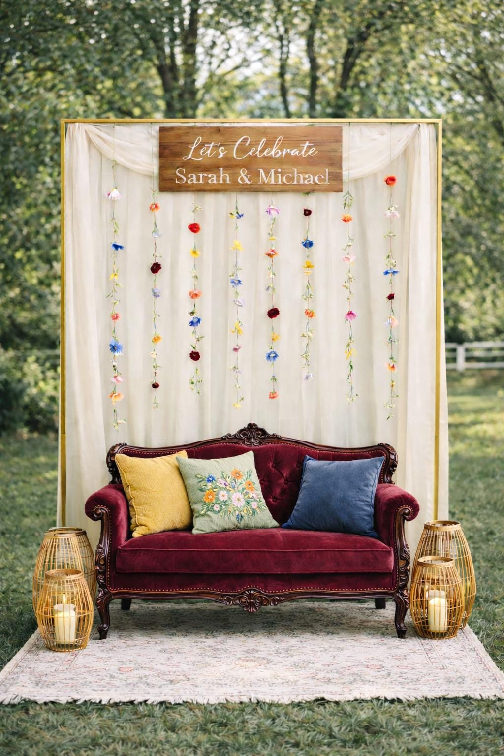 Decorative setup with a maroon velvet sofa, colorful pillows, and a floral backdrop with 'Let's Celebrate' sign.
