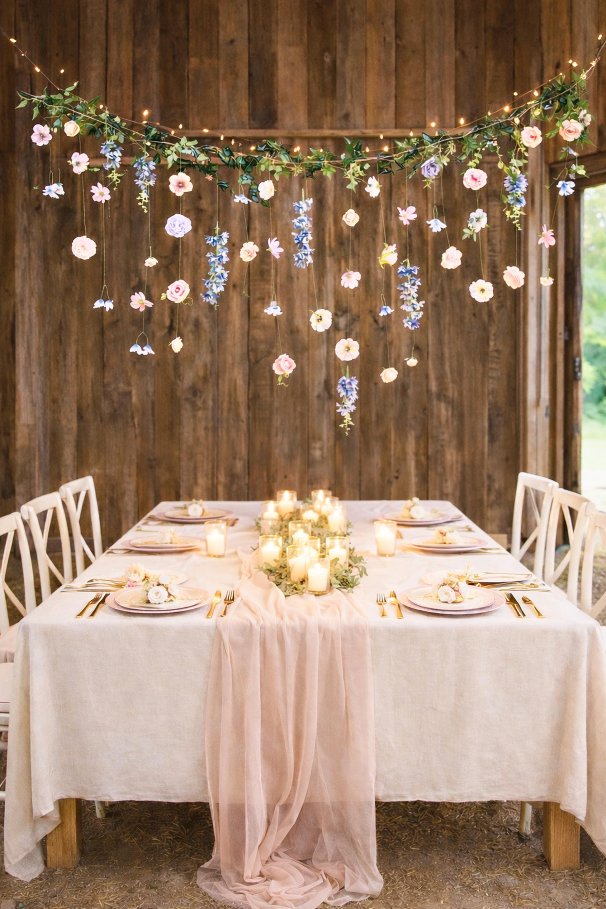 Decorated table with floral garland and string lights in a rustic barn wedding setting.