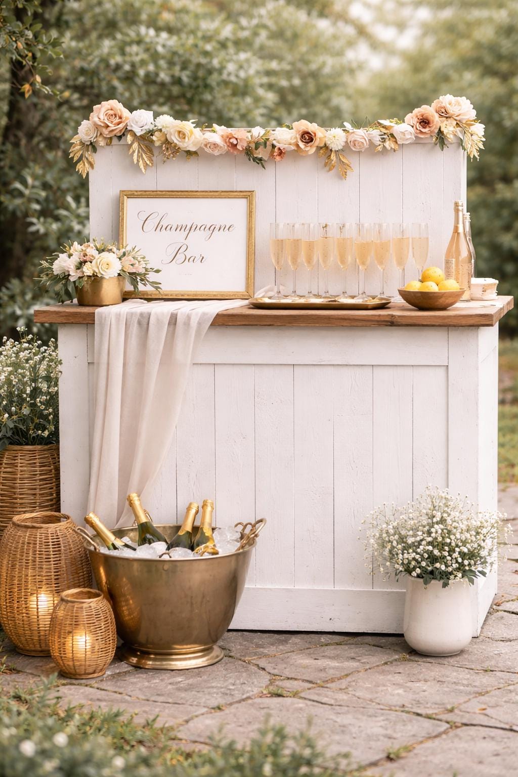 Champagne bar setup with flowers and decor outdoors
