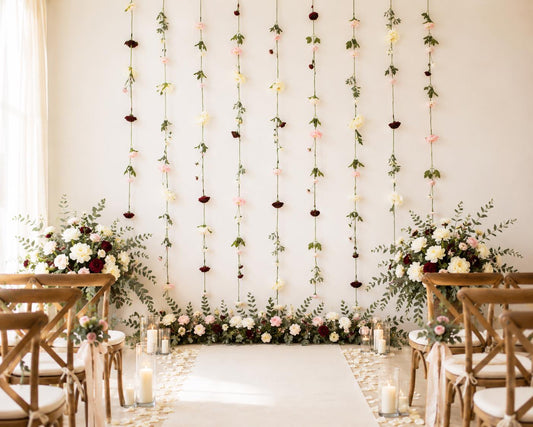 A wedding venue setup with a floral wall backdrop featuring vertical strands of greenery and small flowers in white, blush pink, burgundy, and mustard yellow. A white aisle runner leads down the center between wooden chairs, with floral arrangements on both sides and candles placed along the floor.