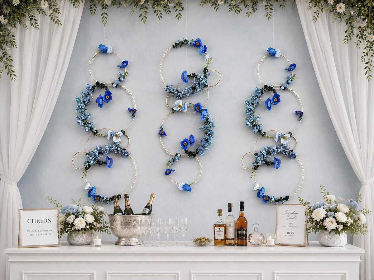 Blue Floral Hoop Backdrop, Wedding Flower Installation, Hanging Floral Decor, Ceiling Wedding Decor