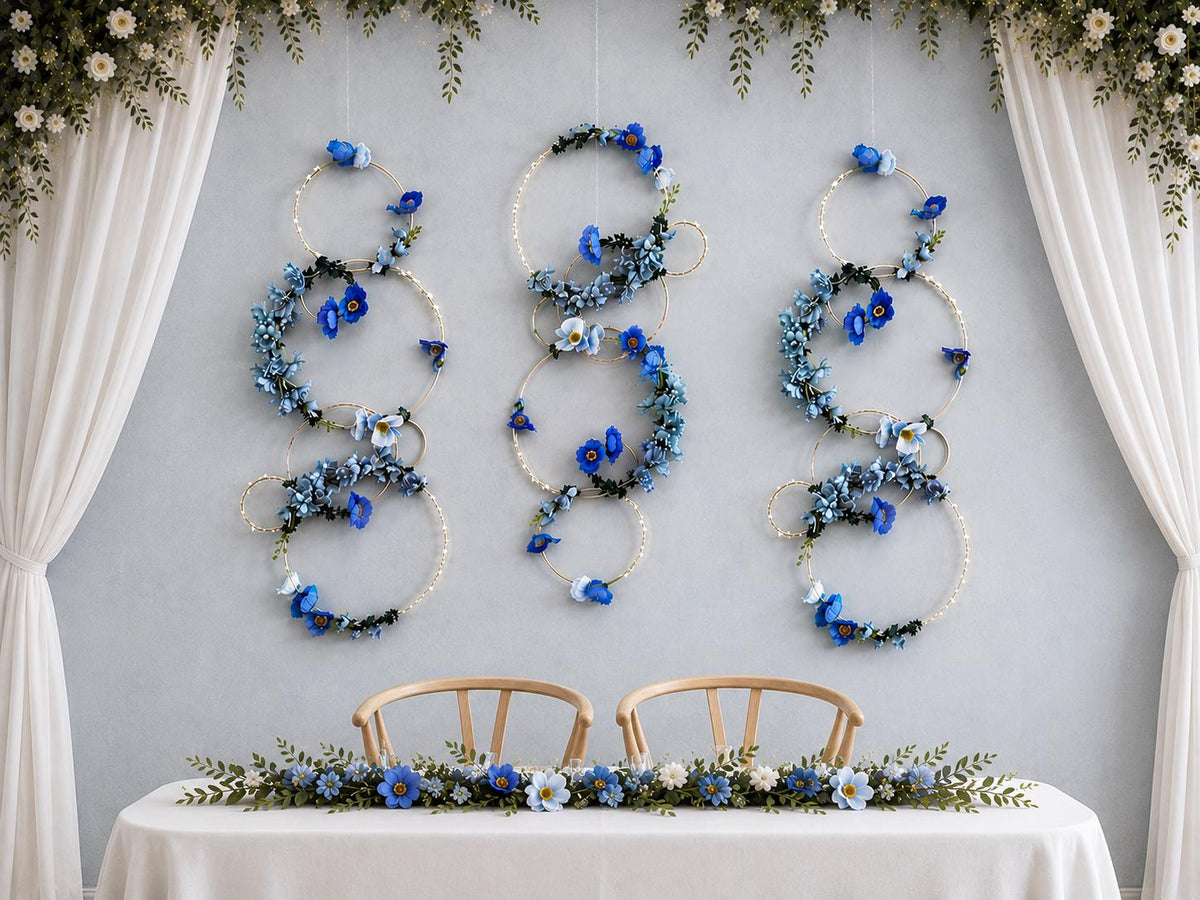 Blue Floral Hoop Backdrop, Wedding Flower Installation, Hanging Floral Decor, Ceiling Wedding Decor