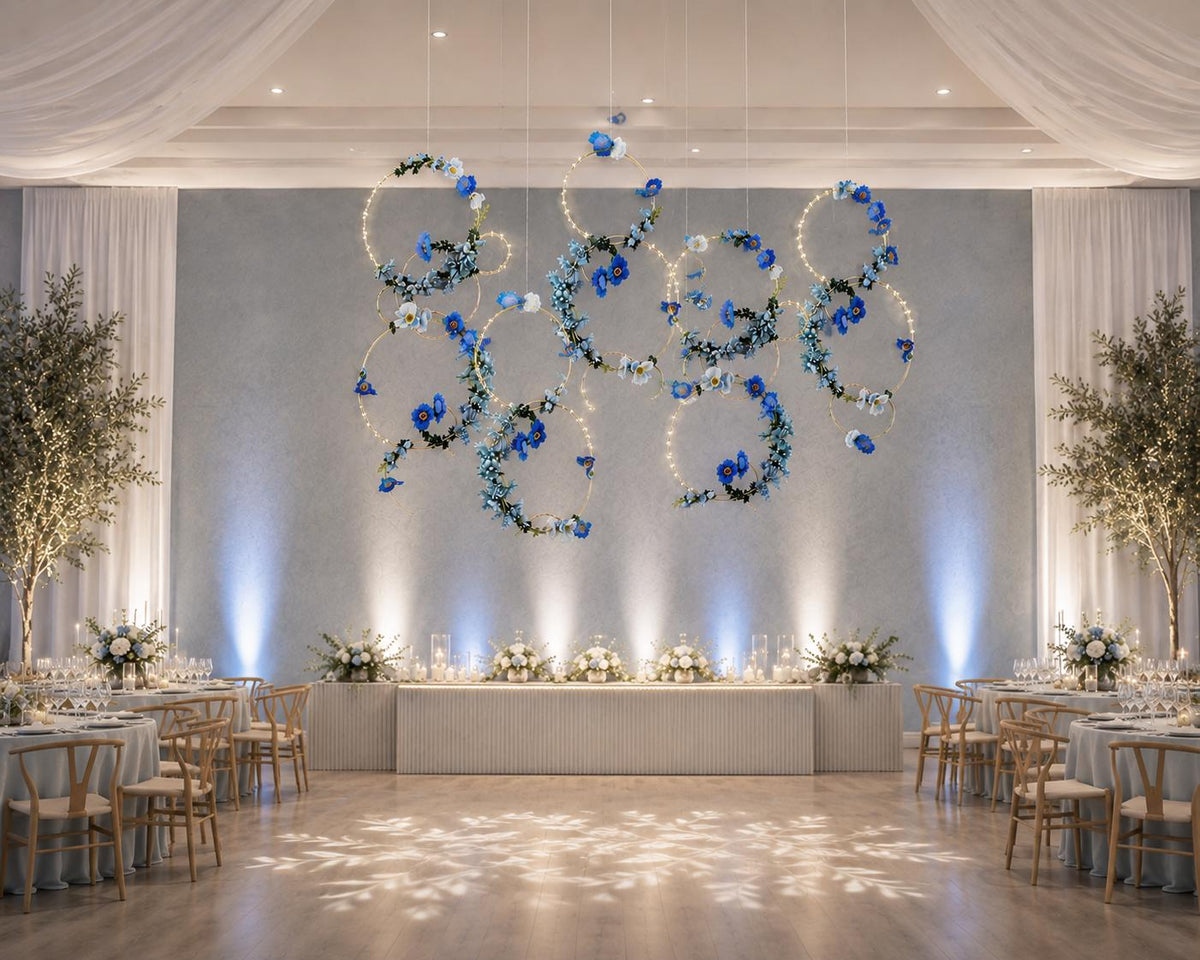 Blue Floral Hoop Backdrop, Wedding Flower Installation, Hanging Floral Decor, Ceiling Wedding Decor