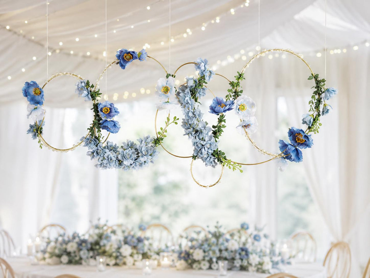 Ceiling Wedding Decor, Blue Floral Hoop Backdrop, Wedding Flower Installation, Hanging Floral Decor