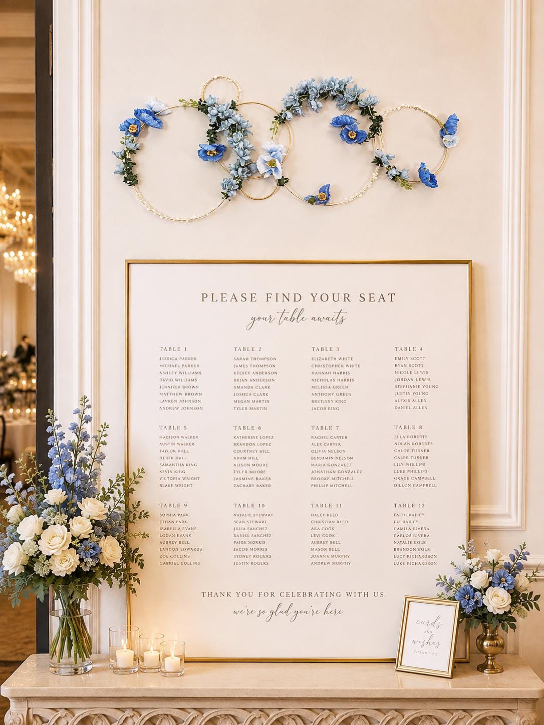 Ceiling Wedding Decor, Blue Floral Hoop Backdrop, Wedding Flower Installation, Hanging Floral Decor